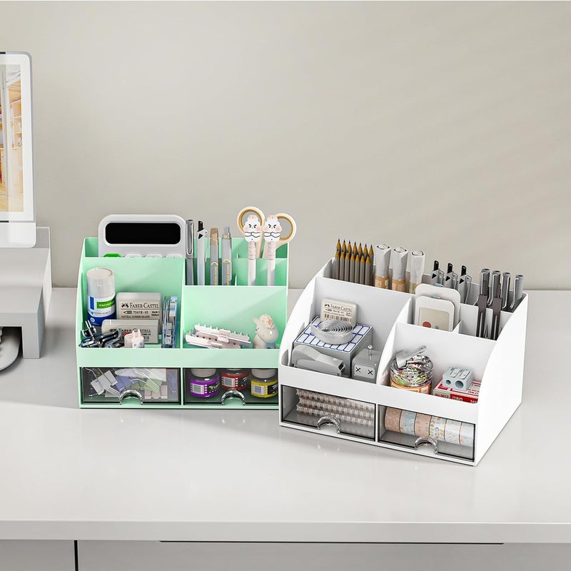 COMFYROOM Desk Organizer with 6 Compartments and 2 Drawers, Plastic Makeup Organizer, Pen Holder for Desktop Storage, Desk Organization for School, Home, Office Supplies (Mint Green) - Image 5